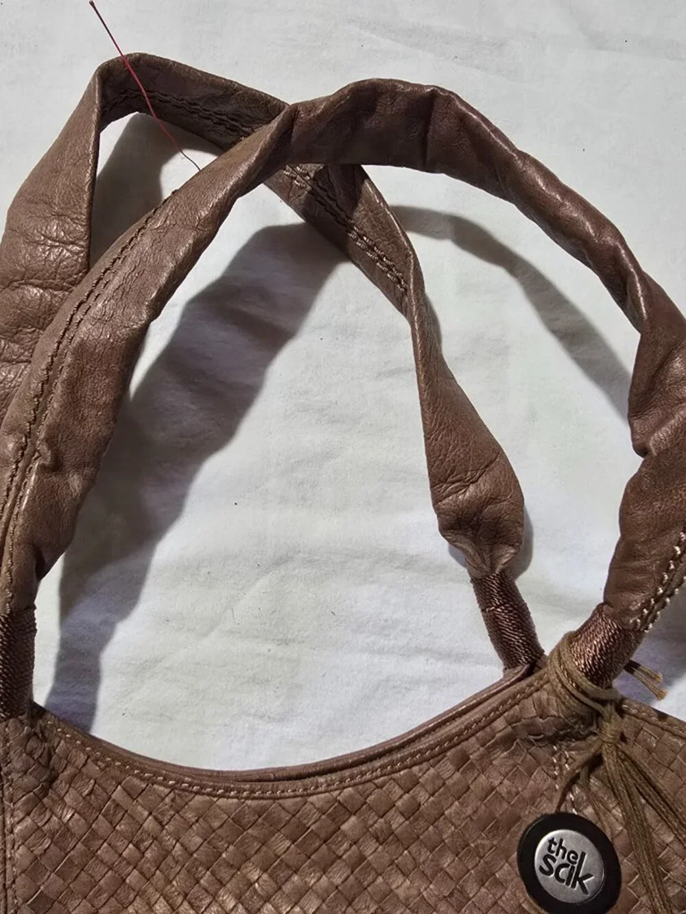 The Sak Brown Woven Leather Tote Shoulder Bag Tiger Eye Bead Charm